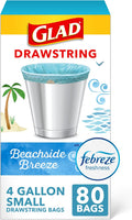 Glad Odorshield Small Drawstring Trash Bags, 4 Gal, Febreze Beachside Breeze, 80 Ct, Pack May Vary