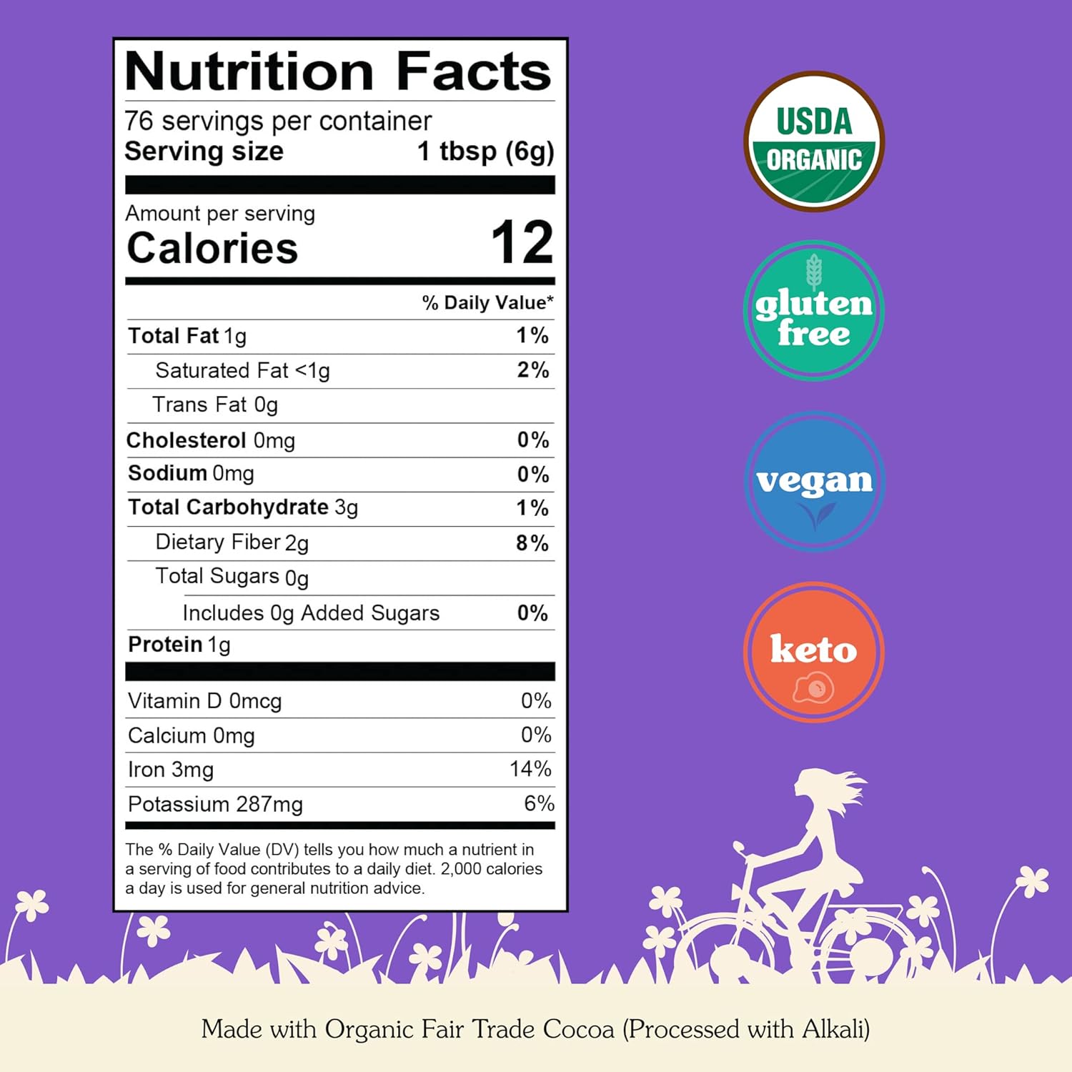 NuNaturals Unsweetened Organic Fairtrade Certified Cocoa Powder, Premium Dutch-Process For Drinking and Baking, 1 lb