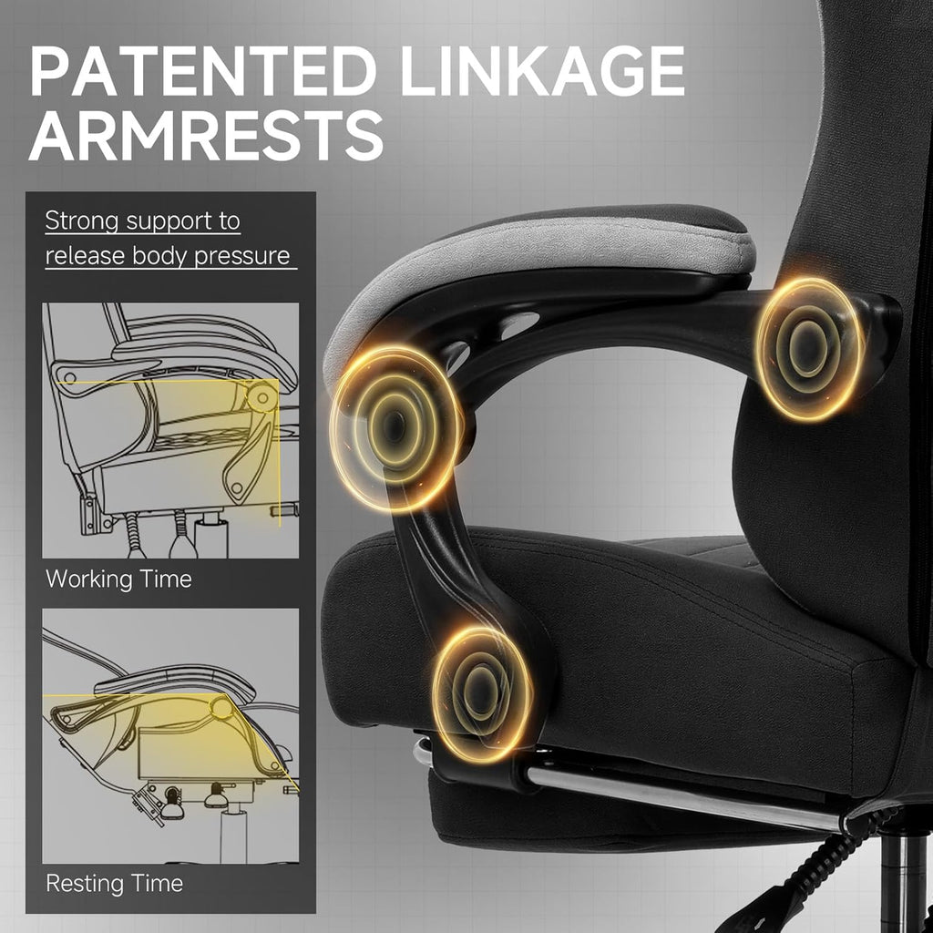 GTPLAYER Office Chair, Gaming Computer Desk Fabric Chair with Footrest, High Back Ergonomic Office Chair with Pocket Spring Lumbar Support and Linkage Armrests Adjustable Height Swivel for Home Task