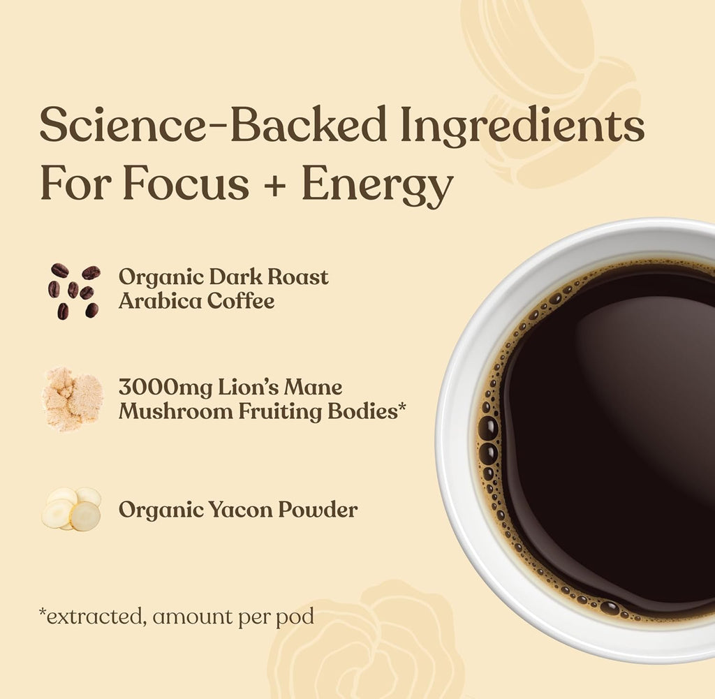 Four Sigmatic Mushroom Coffee K-Cups | Organic Dark Roast Coffee with Lion’s Mane Mushroom Powder & Yacon | Focus & Immune Support | Vegan & Keto | Sustainable Pods | 24 Count