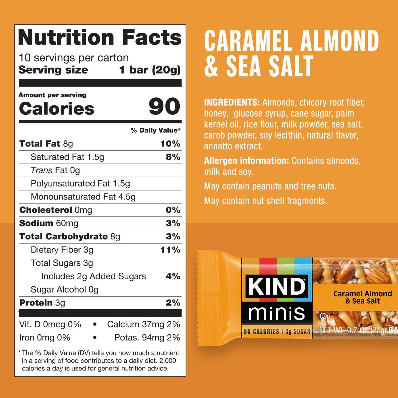 KIND Minis Snack Bars, Dark Chocolate Nuts & Sea Salt and Caramel Almond & Sea Salt, 3g Sugar, Gluten Free Bars, Variety Pack, 0.7 OZ, (20 Count)
