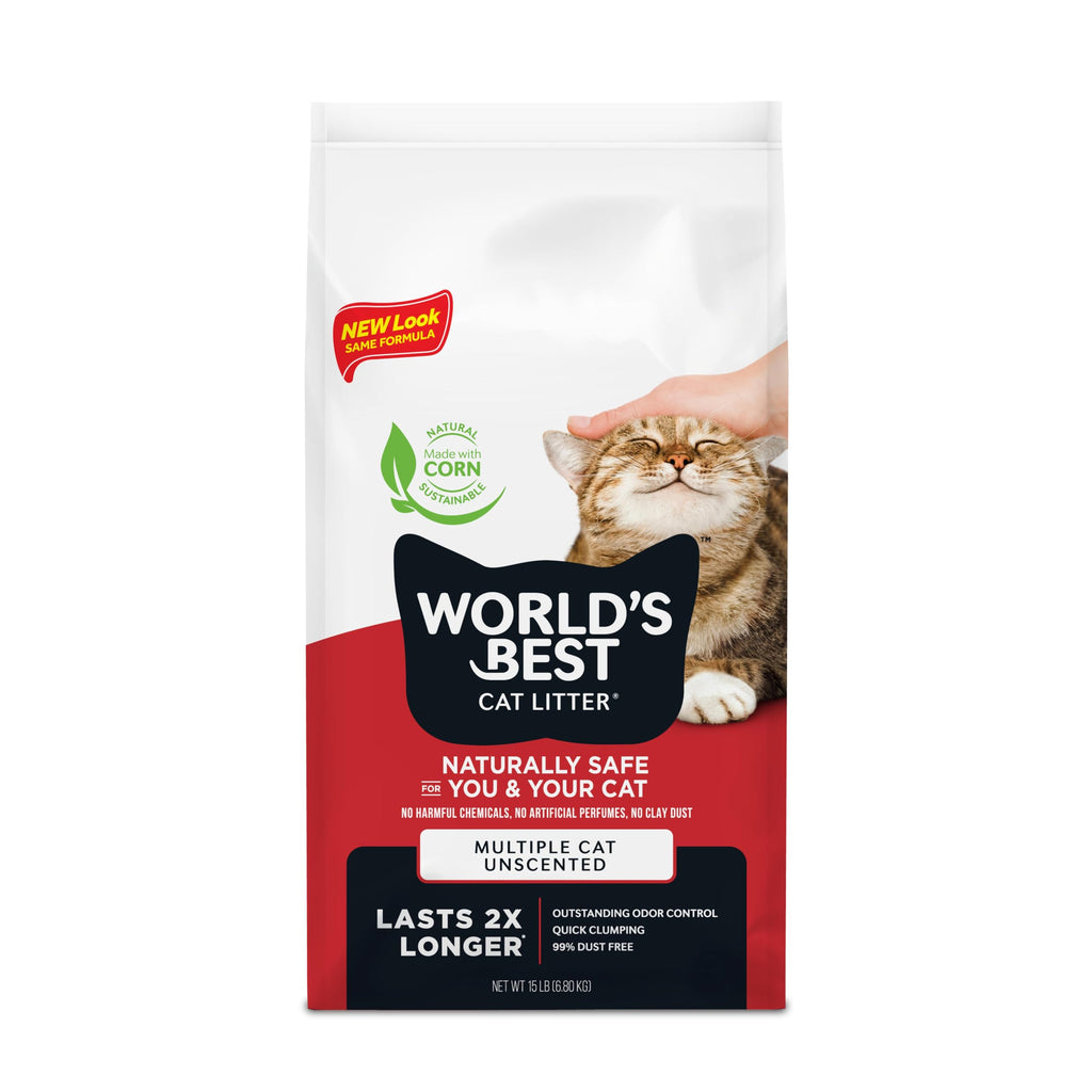 World's Best Cat Litter, Multiple Cat, Unscented, Odor Control, 15 lb Bag | Controls tough multi-cat odors and lasts 2x longer; natural corn litter, quick clumping, flushable, 99% dust free
