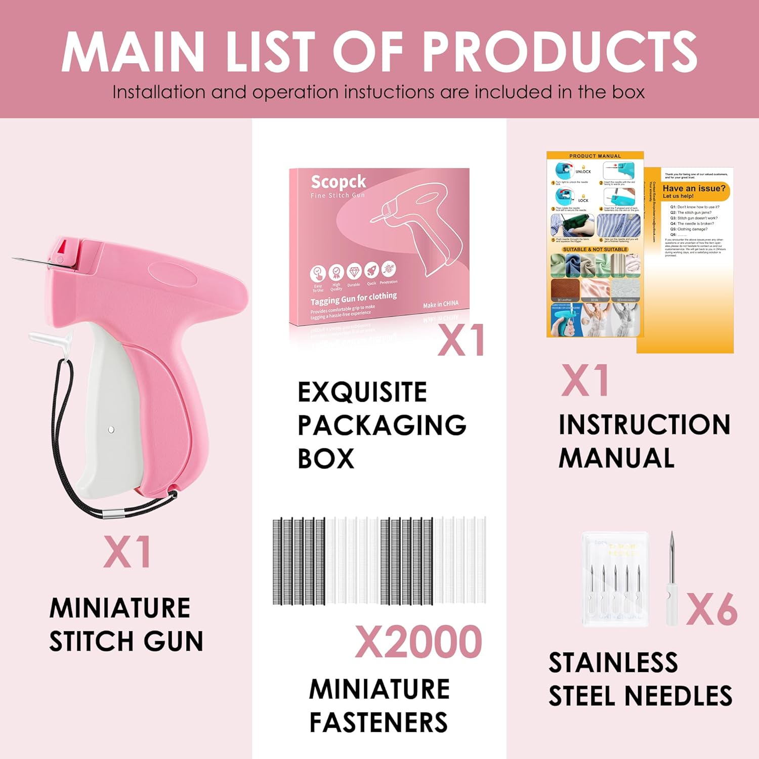 Handheld Stitch Tag Gun for Clothes, Quick Clothing Fixer, Tagging, Sewing Kit Includes 6 Needle, 1000 Black Fasteners & 1000 White Fasteners, Pink