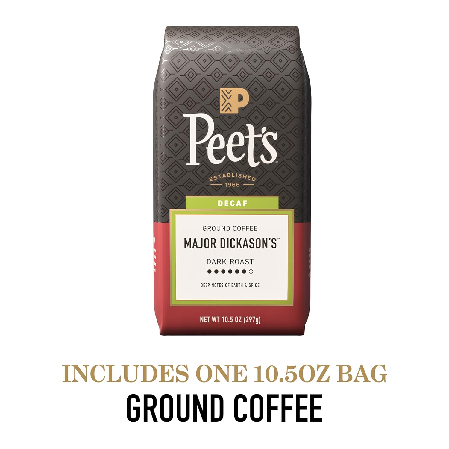 Peet's Coffee, Dark Roast Ground Coffee, Decaffeinated Arabica Coffee - Decaf Major Dickason's Blend 10.5 Ounce Bag