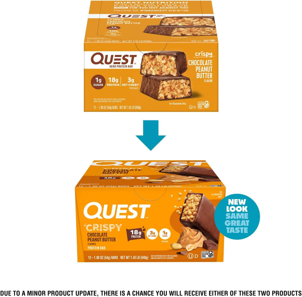 Quest Nutrition Crispy Chocolate Peanut Butter Hero Protein Bar, 18g Protein, 1g Sugar, 3g Net Carb, Gluten Free Protein Snack, Keto Friendly, 12 Count