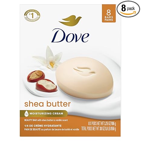 Dove Beauty Bar Soap Shea Butter, 8 Bars for Nourished, Radiant Skin, Enriches Skin 3.75 oz