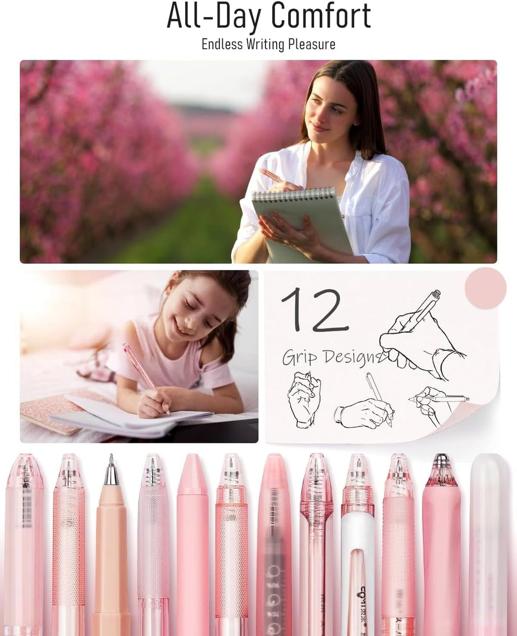 Four Candies Rose Series Gel Pens, Cute Writing Pens with Black & Pink Ink, 0.5 mm Smooth Fine Point, School Office Supplies Girly Stationery Aesthetic Desk Accessories for Women, Set of 12