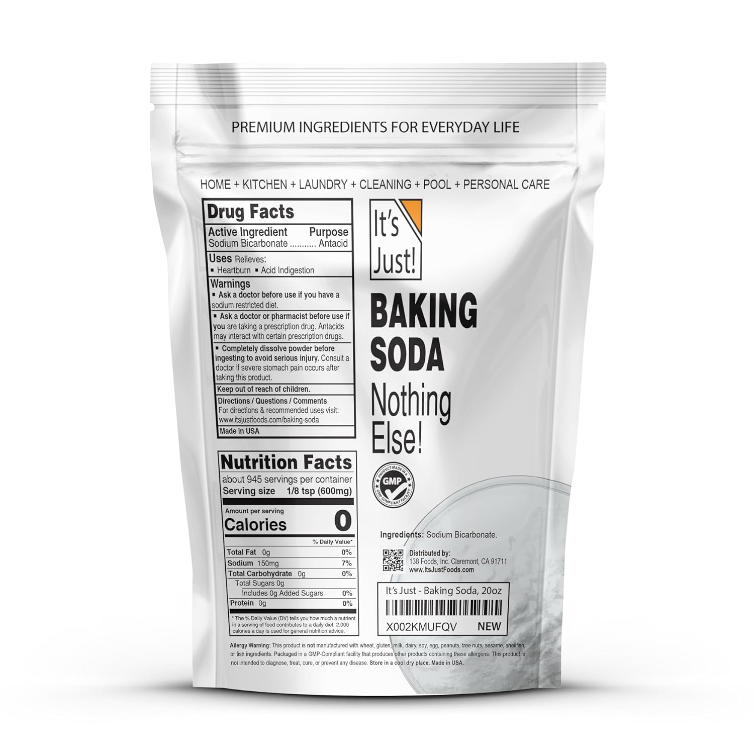 It's Just - Baking Soda, 100% Pure Sodium Bicarbonate, Food Grade, Non-GMO, Made in USA, Cooking, Baking (1.25 Pound)
