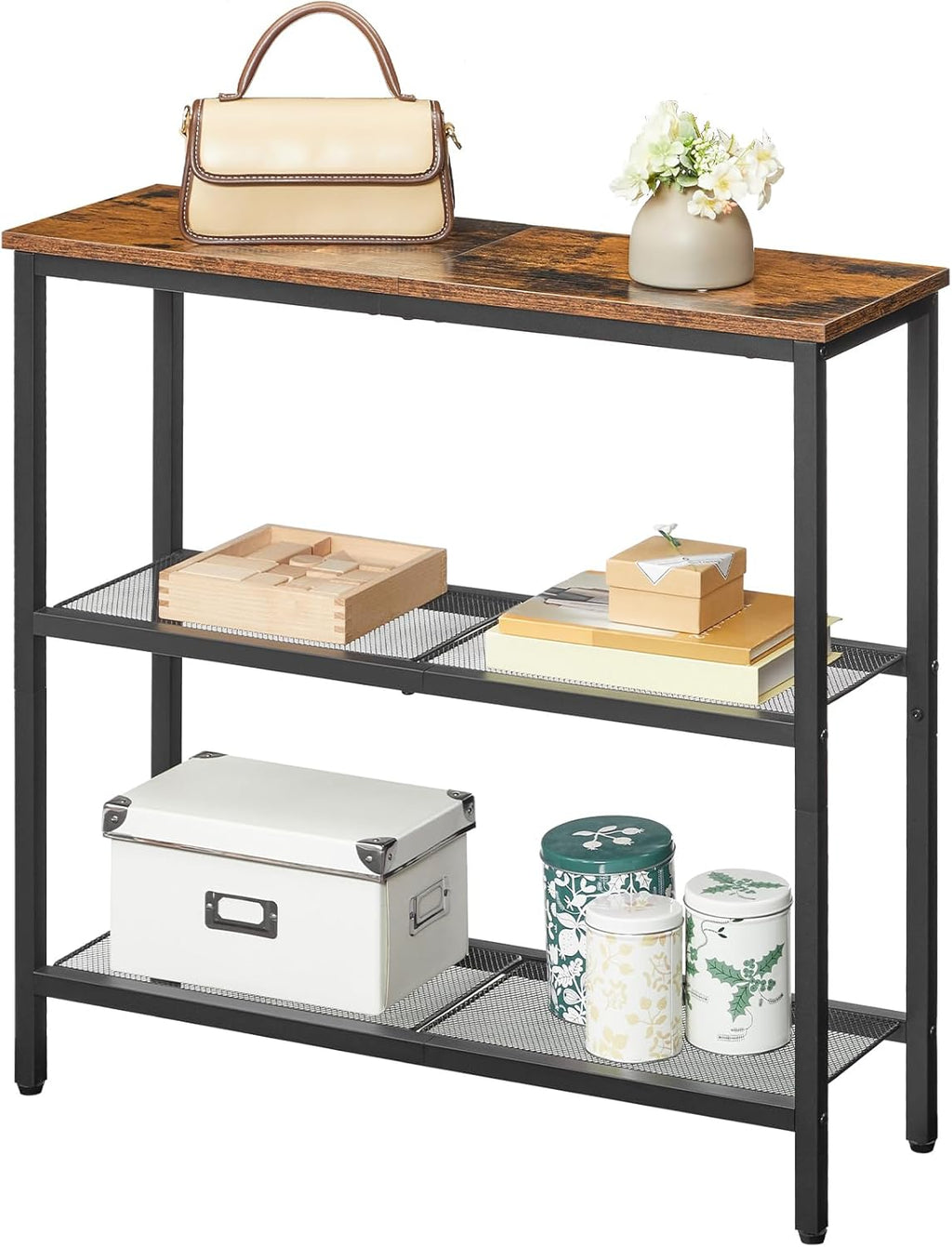 HOOBRO 29.5" Narrow Console Table, 3-Tier Entryway Table, Thin Sofa Table with Shelves, Side Table, Display Table, for Hallway, Entrance, Living Room, Bedroom, Rustic Brown and Black BF73XG01