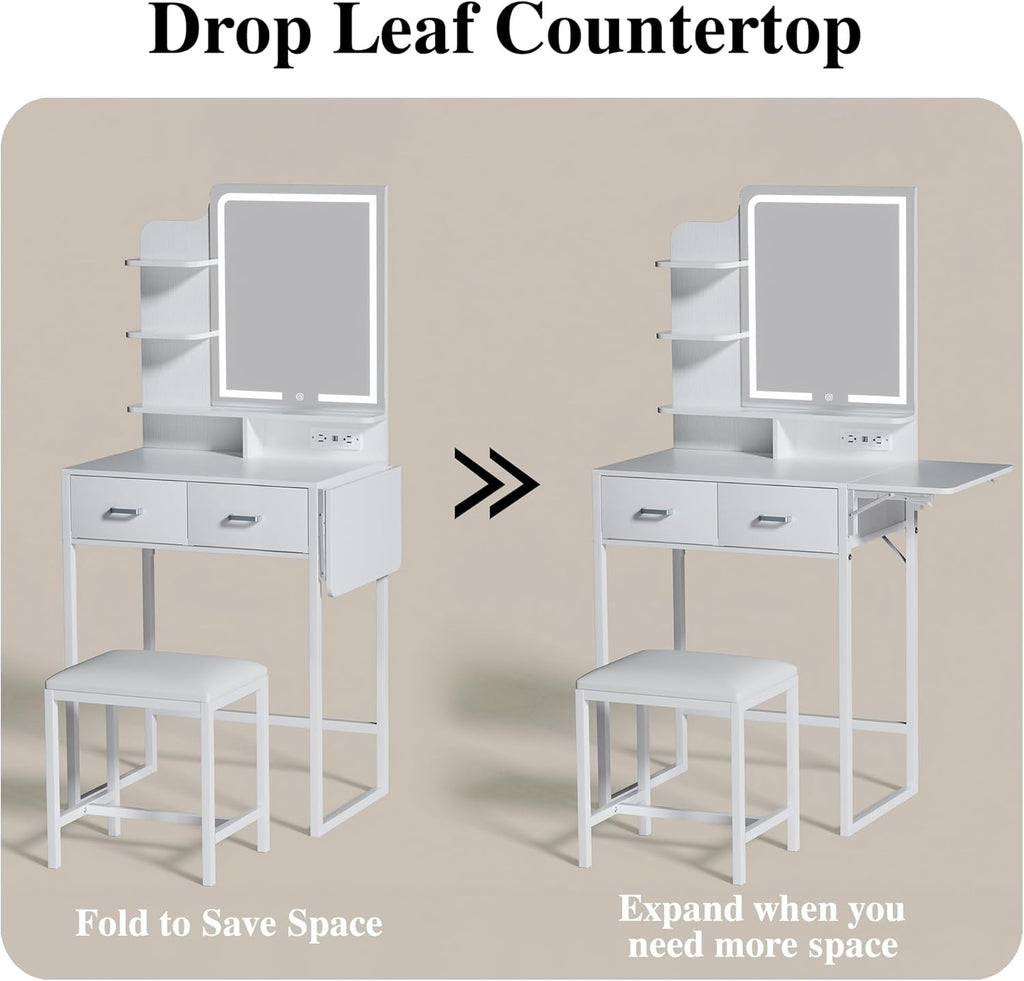 Makeup Vanity Desk with Mirror and Lights, Small Vanity with Fabric Storage Drawer & Chair & Shelves, White Vanity with Fold-up Panel and Power Outlet for Bedroom
