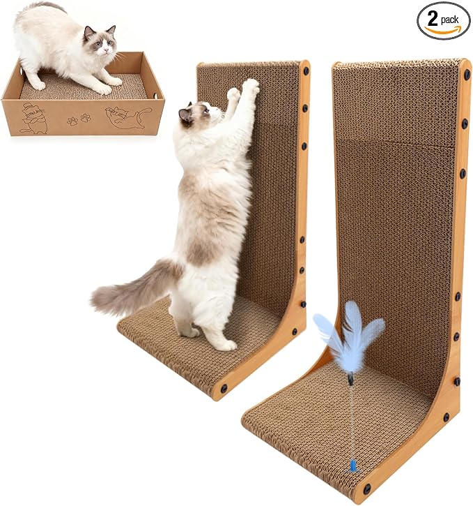 Goosheep Cat Scratching Post, 3-in1 Scratching Board for Indoor Cats, 2PK 22in L-Shaped Cat Scratcher with 1PK Cardboard Box Scratch Pad, Cats Scratch Furniture Protector with Feathered Toy