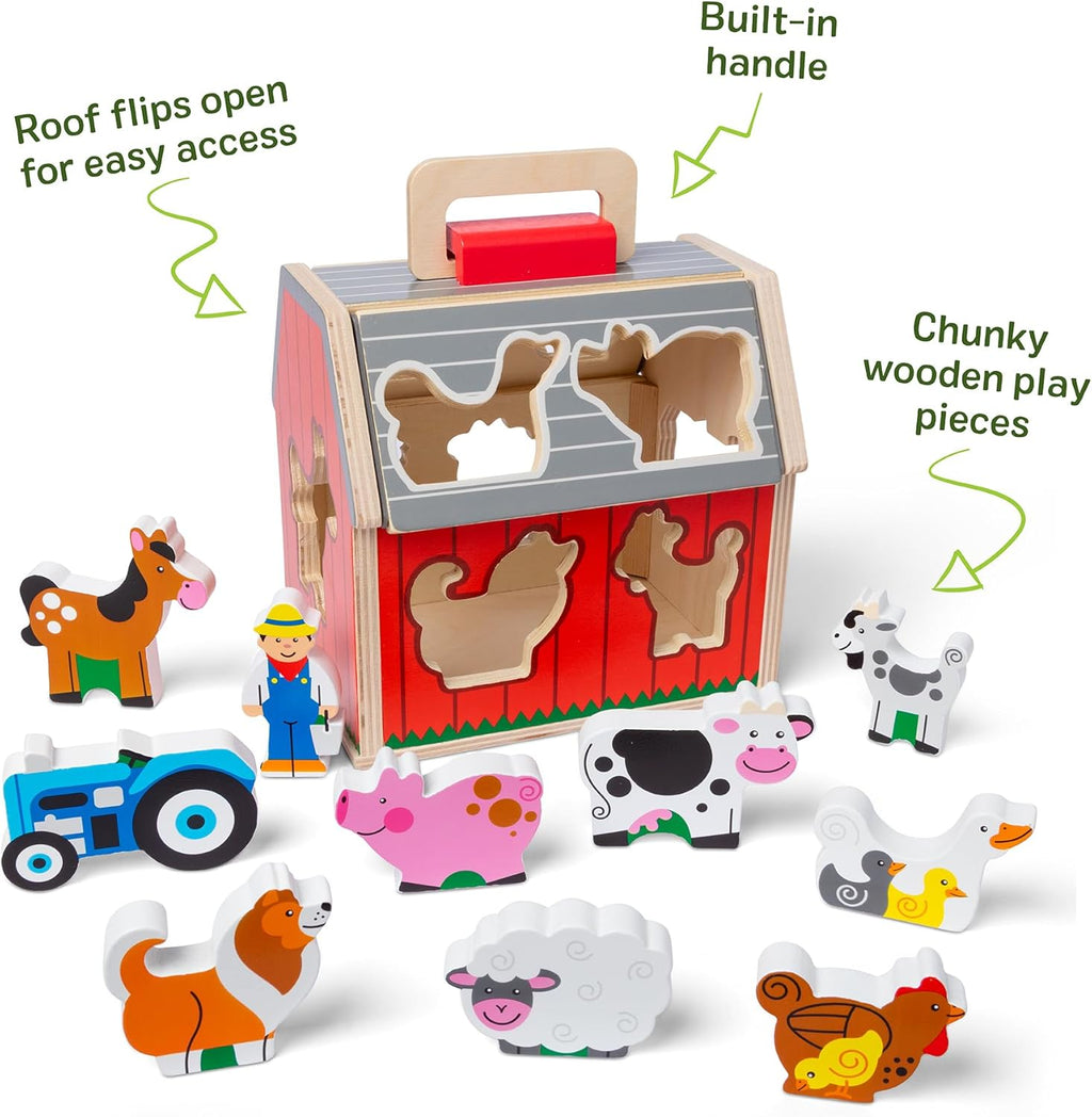 Melissa & Doug Take-Along Wooden Toy Barn, 11-Pc Portable Toddler Playset with Farm Animals & Pop-Up Roof, Preschool Learning Toys for Girls & Boys 2+