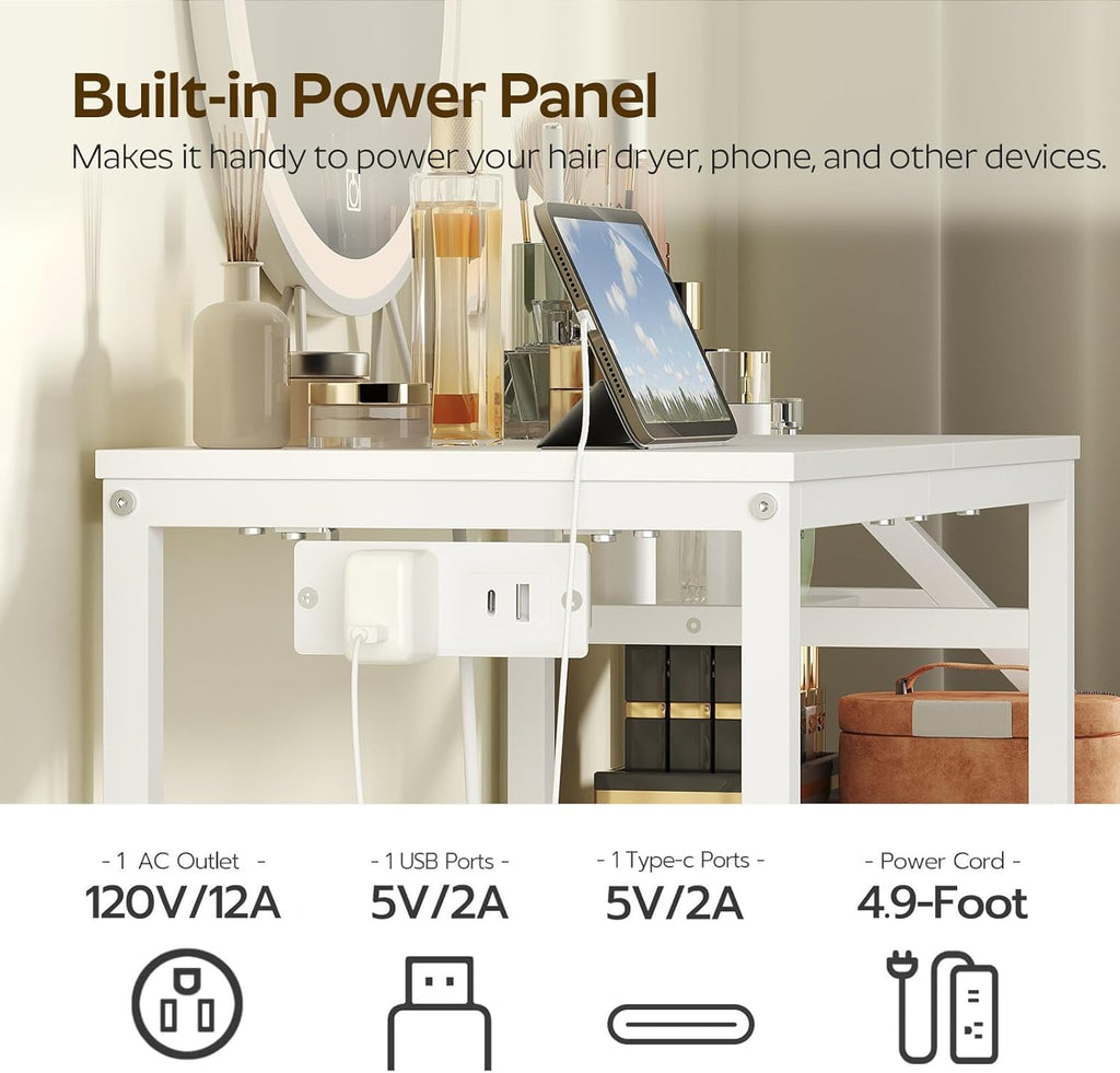 Small Vanity Desk Without Mirror, Makeup Vanity Table with Power Outlet, White Vanity with Fabric Drawers, Dressing Table, for Small Spaces, Bedroom, White