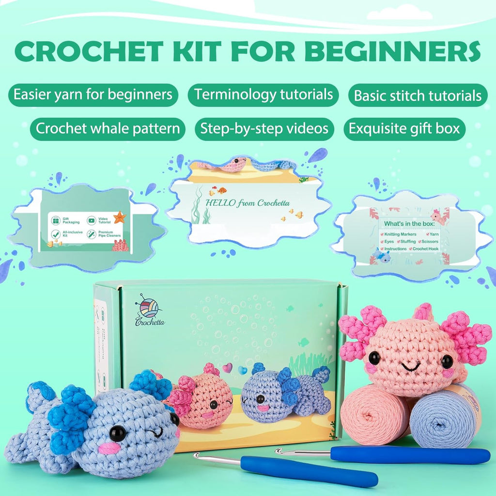 Crochetta Crochet Kit for Beginners, Crochet Starter Kit w Step-by-Step Video Tutorials, Easy Beginner Crochet Kit for Adults & Kids, Women & Men, Complete Kit Included (Axolotl 2Pack)
