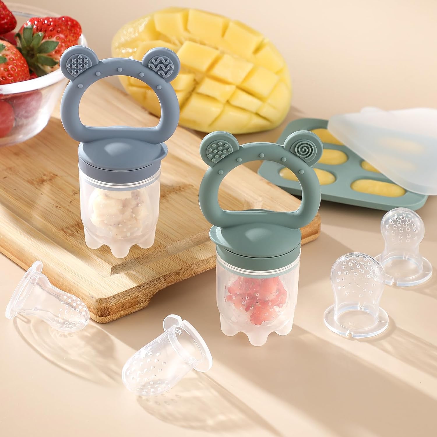 2 Pack Silicone Baby Fruit Feeder with Mini Freezer Tray, Breastmilk Popsicle Molds for Baby Teething Relief, Fresh Food Feeder for Safe Infant Self Feeding, Extra Food Pouches
