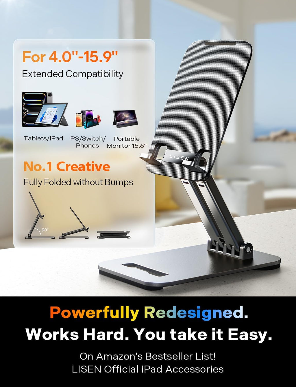 LISEN for iPad Stand Tablet Holder for Desk- Foldable Office Gifts for Men Women Desk Accessories, Home Gadgets Essentials Portable Monitor Stand for iPad a16 Accessories Bed Kindle Fire 4-15.9"