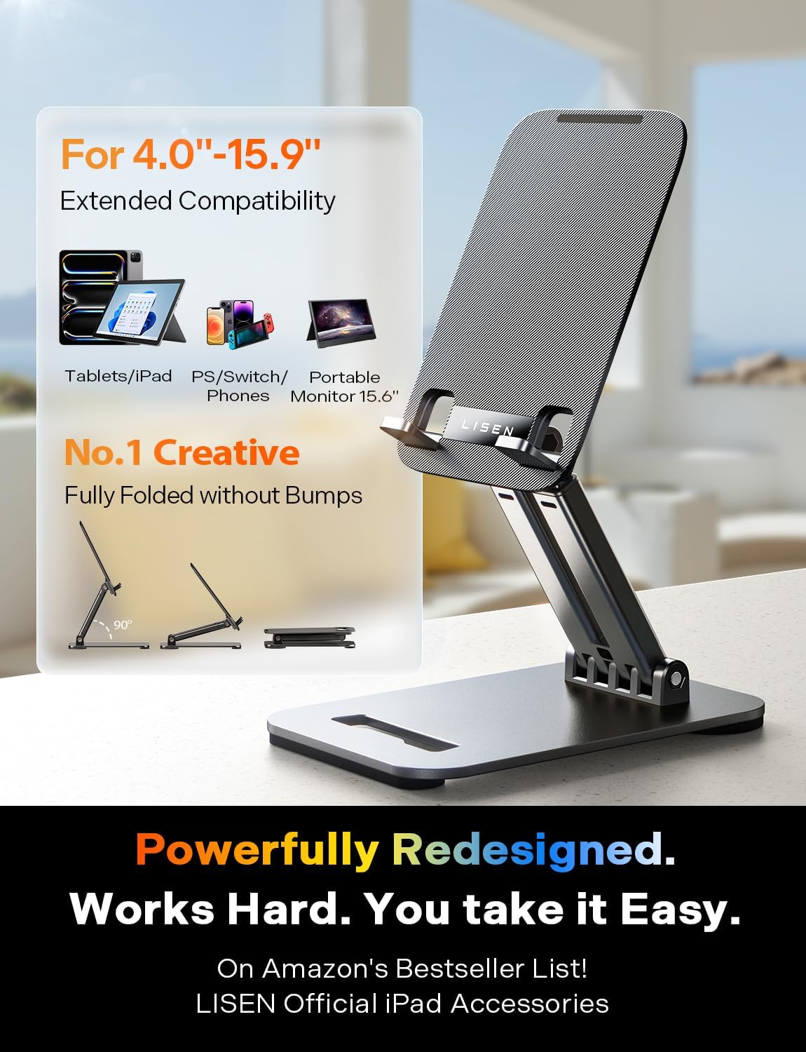 LISEN for iPad Stand Tablet Holder for Desk- Foldable Office Gifts for Men Women Desk Accessories, Home Gadgets Essentials Portable Monitor Stand for iPad a16 Accessories Bed Kindle Fire 4-15.9"
