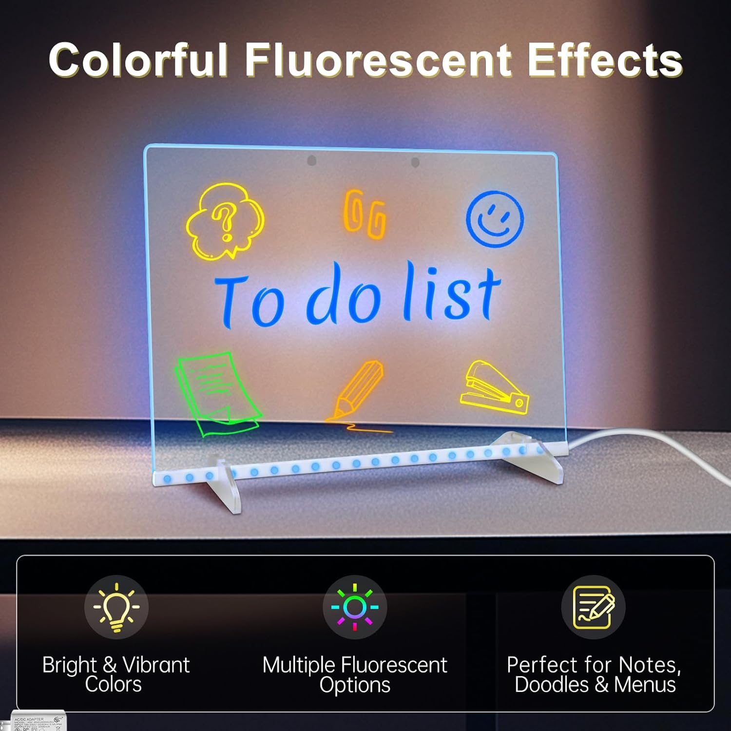LED Note Board with 7 Colors, Includes Adapter, 13"x10" Led Drawing Board for Kids, Light Up Dry Erase Boards with 7 Markers, Soft Cloth, Hanging Chain, Holiday Trend Gift