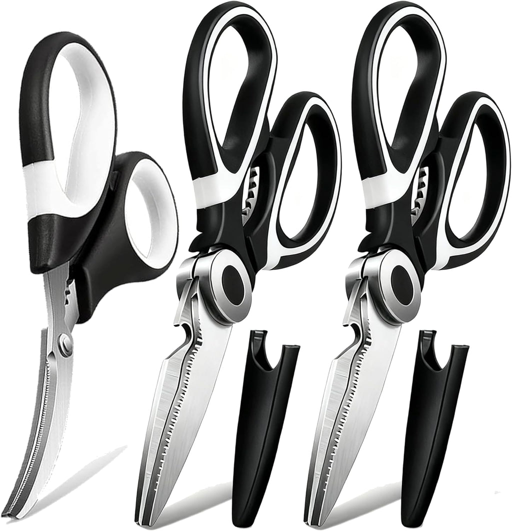 Food Grade Kitchen Scissors All Purpose 3 Pack - Heavy Duty Stainless Steel Cooking Shears for Cutting Meat, Food, Fish, Poultry Sharp Sissors for Dishwasher Safe - with Protective Sheath