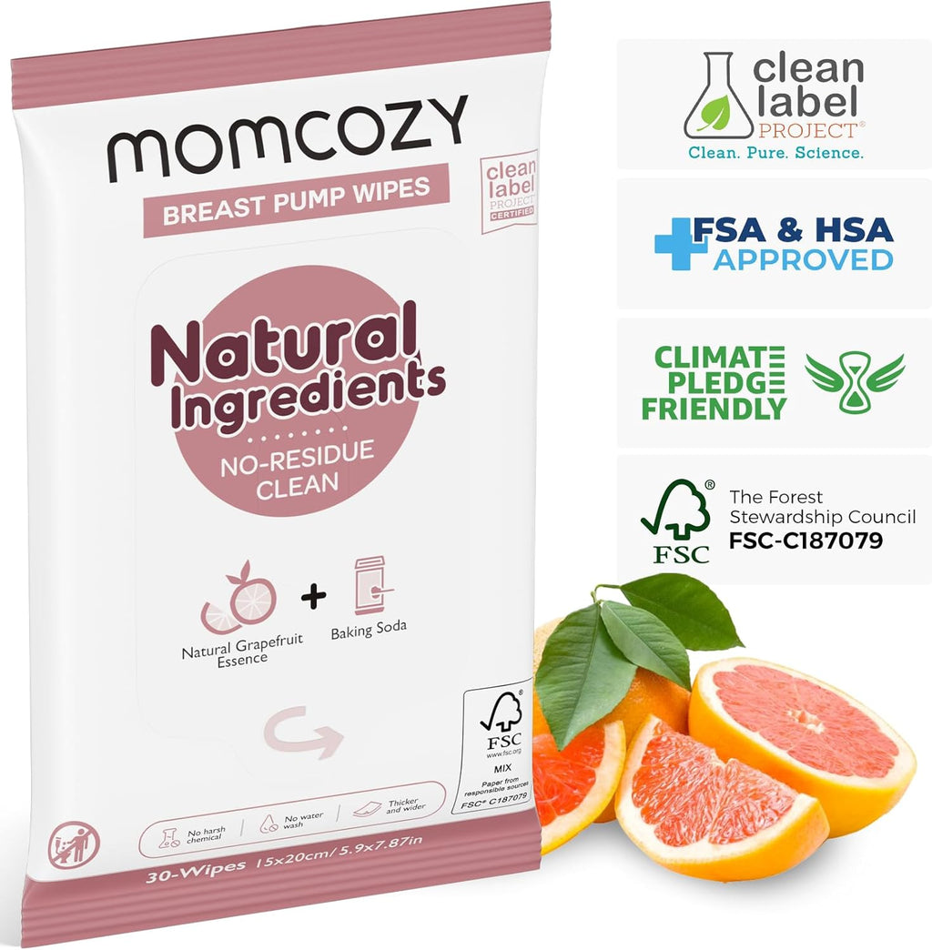 Momcozy Natural Breast Pump Wipes for Pump Parts Cleaning On-the-go, 30 Count (Pack of 3), Flash Clean & Resealable Pump Wipes