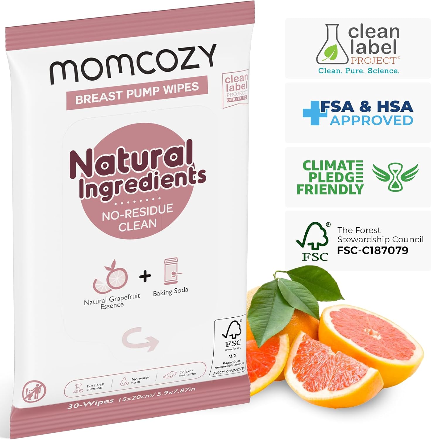 Momcozy Natural Breast Pump Wipes for Pump Parts Cleaning On-the-go, 30 Count (Pack of 3), Flash Clean & Resealable Pump Wipes