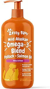 Zesty Paws Wild Alaskan Omega-3 Blend Pollock + Salmon Oil for Dogs and Cats- Skin and Coat Support, Omega 3 Supplement for Pets, 32oz