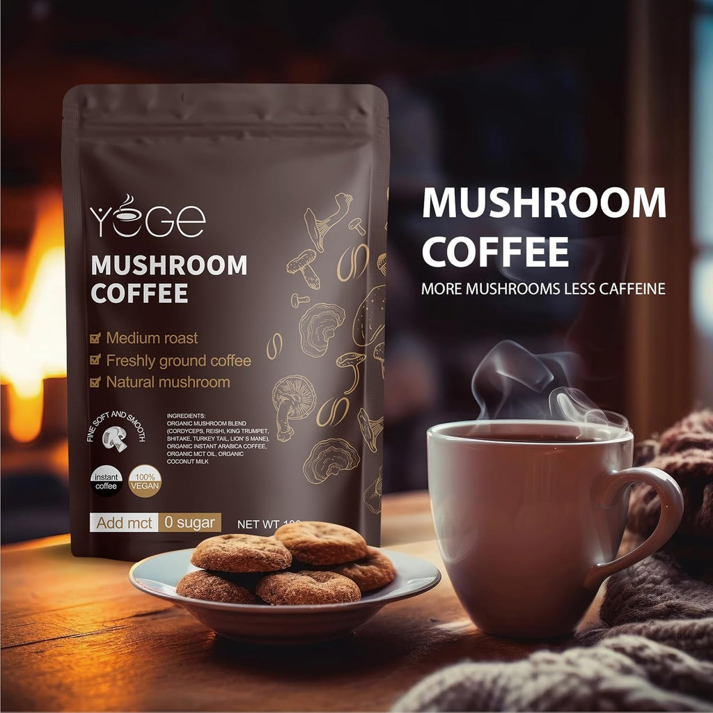 Mushroom Coffee, Instant Mushroom Coffee with Cordyceps, Reishi, King Trumpet, Shitake, Turkey Tail, Lions Mane for Energy, Focus, Positive Mood & Immune Support (30 Servings)