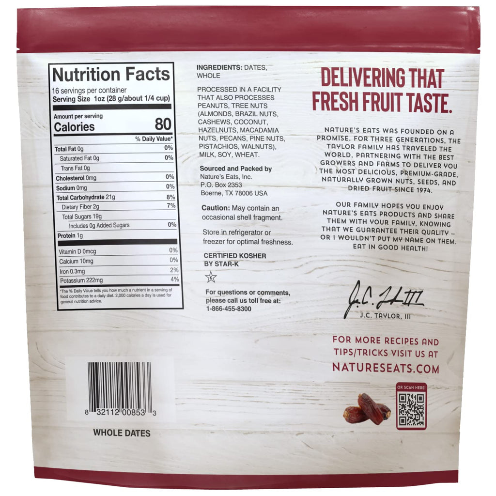 Nature’s Eats Whole Pitted Dates - Non-GMO, Gluten-Free, Vegan, Kosher Dried Fruits, Naturally Sweet Source of Fiber, Healthy Snacks for Adults & Kids - 16 oz
