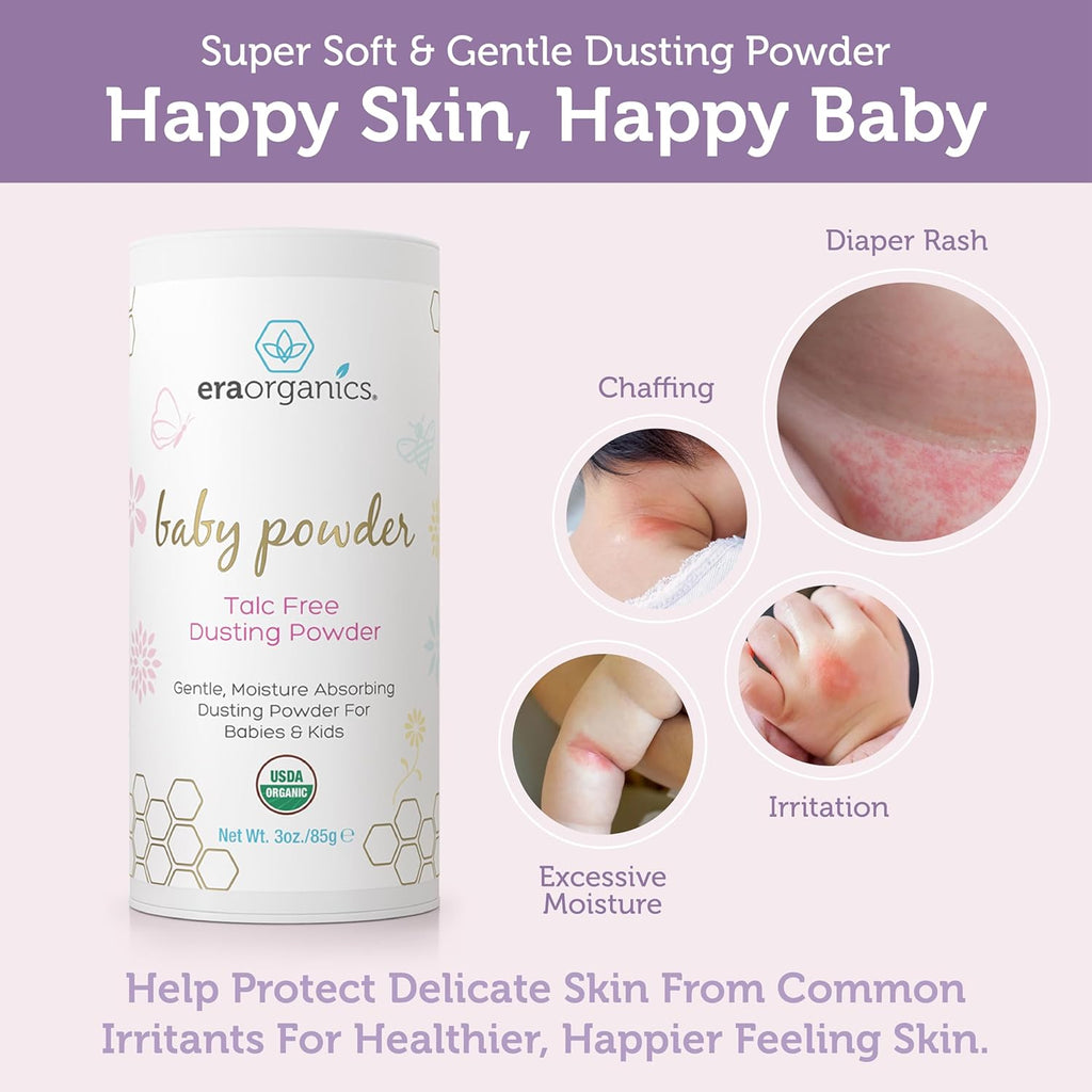 Era Organics Talc-Free Organic Baby Powder - USDA Organic Dusting Powder with Arrowroot, Calendula and Cornstarch for Newborns, Babies or Toddlers - Soothing, Fragrance Free, Made in USA (3oz/85g)