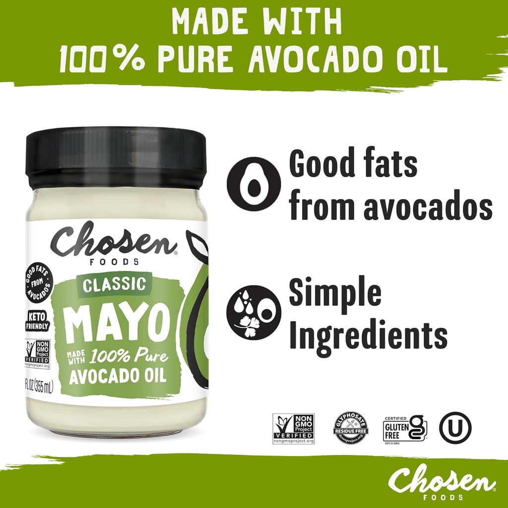 Chosen Foods 100% Avocado Oil-Based Classic Mayonnaise, Gluten & Dairy Free, Low-Carb, Keto Diet Friendly, Mayo for Sandwiches, Dressings and Sauces, Made with Cage Free Eggs (12 fl oz)