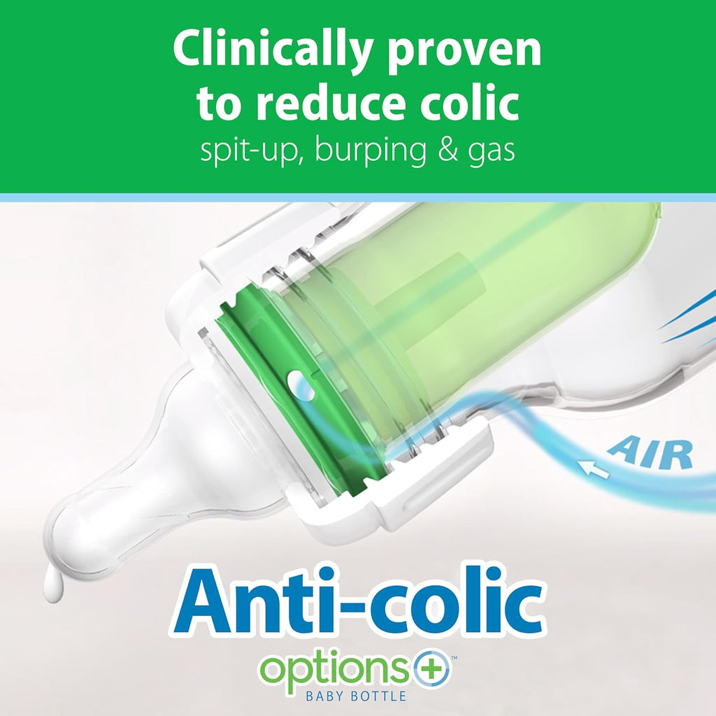 Dr. Brown's Natural Flow Anti-Colic Options+ Narrow Glass Baby Bottle 8 oz/250 mL, with Level 1 Slow Flow Nipple, 4 Pack, 0m+