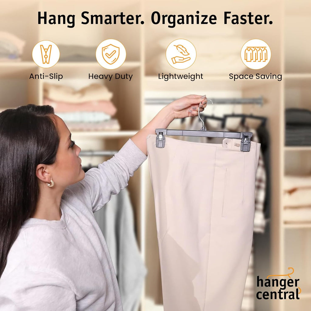 Hanger Central 30 Pack Pants Hangers – 12 Inch Slim Plastic Clothes Hangers with Clips for Skirts, Shorts & Trousers – Non Slip Grip, Heavy Duty Space Saver with Swivel Hook – Black Closet Organizer