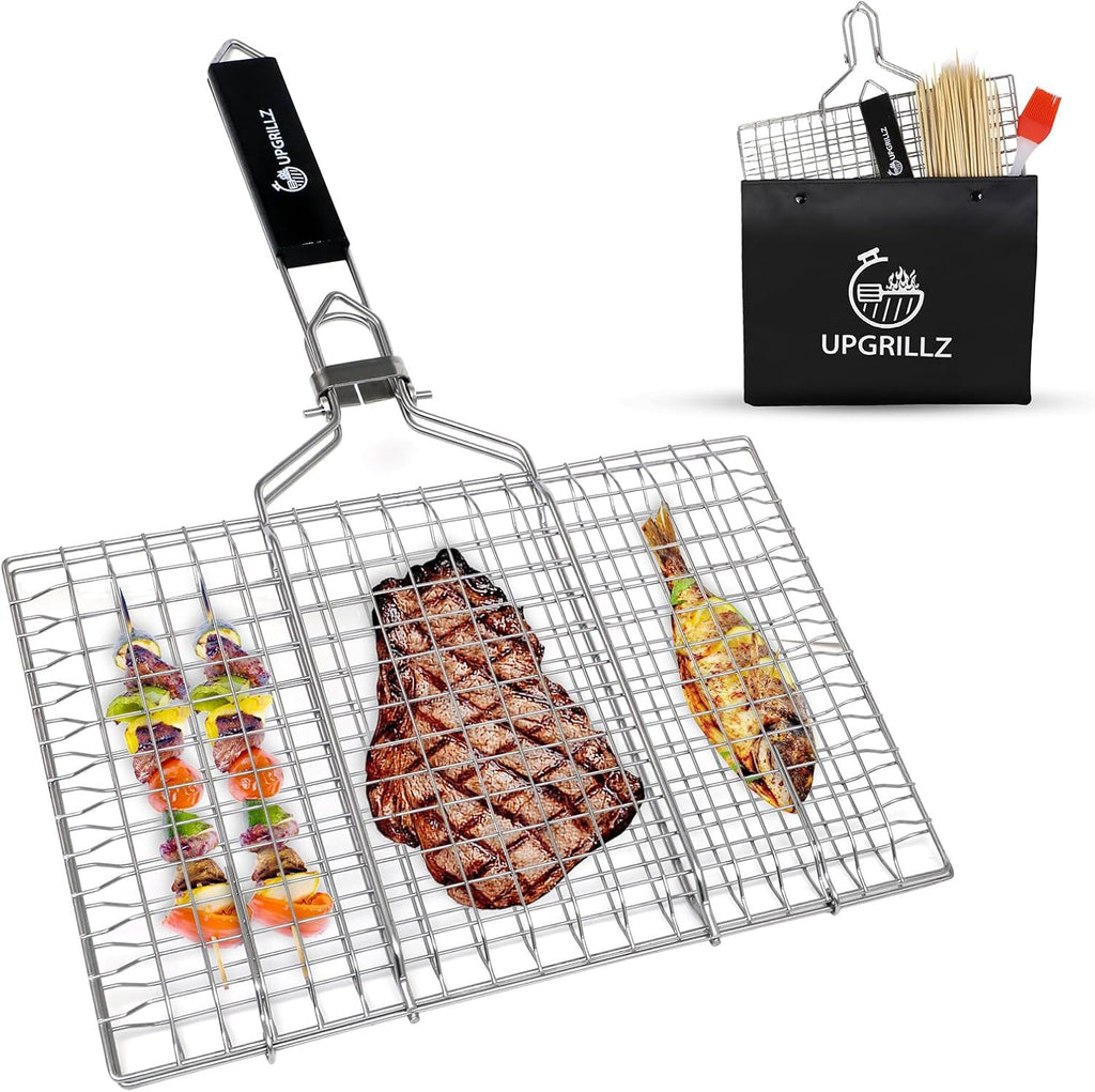 Fish Grill Baskets for Outdoor Grill Vegetables, Fish Grilling rack for Grill, BBQ Grilling Basket, Stainless steel Grill Basket for Veggies, shrimp Includes 50 skewers, Silicon Brush, and Carry Bag
