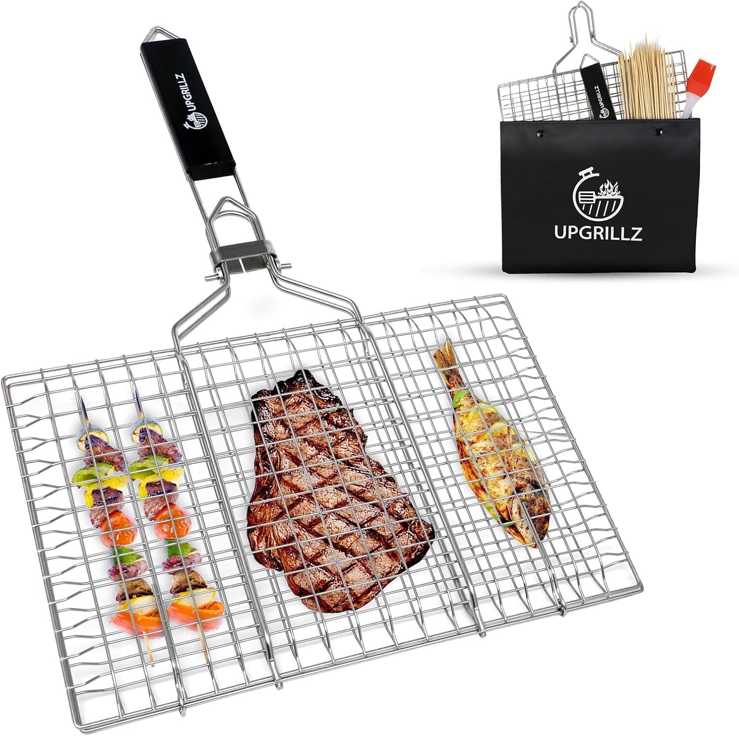 Fish Grill Baskets for Outdoor Grill Vegetables, Fish Grilling rack for Grill, BBQ Grilling Basket, Stainless steel Grill Basket for Veggies, shrimp Includes 50 skewers, Silicon Brush, and Carry Bag