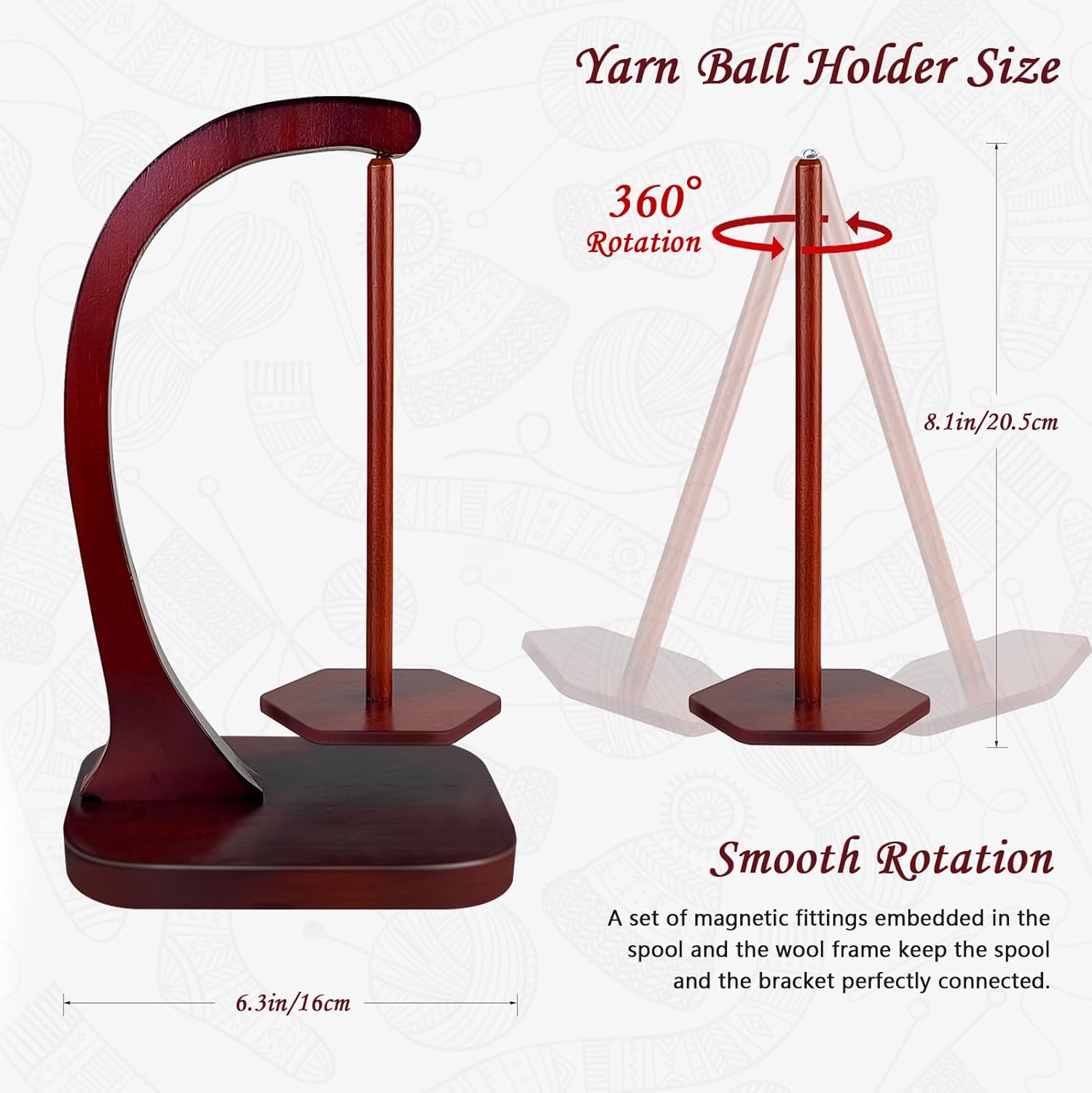 JUCPASH Yarn Holder for Crocheting and Knitting, Wooden Yarn Spinner with Magnetic Rotating Mechanism and Anti-Slip Pads, Crochet Gift for Knitting Lovers - Brown
