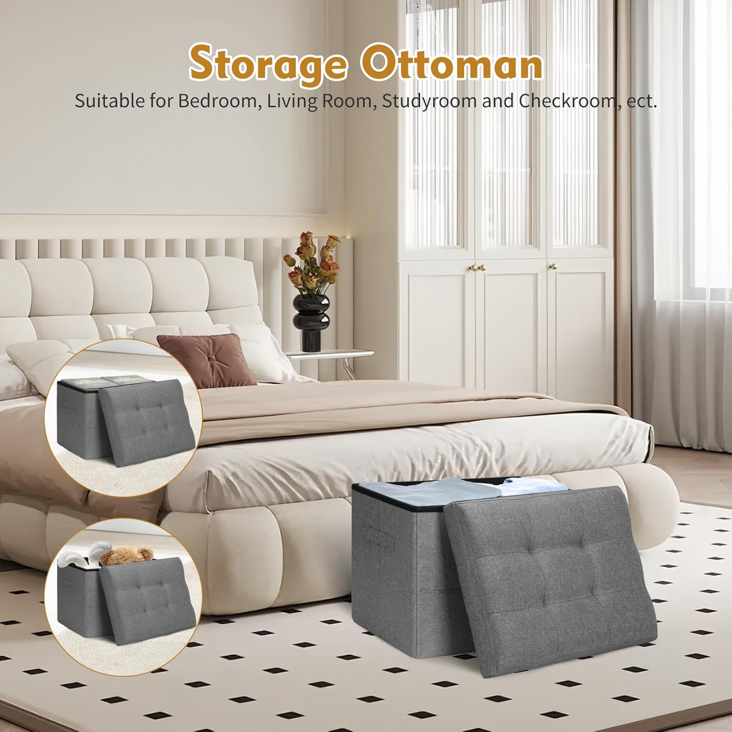 Storage Ottoman with Extra Thick Foam Padded Seat, Foldable Foot Rest Stool with Linen Fabric, 43L Ottoman with Storage Bench for Bedroom Living Room, Holds Up to 300lbs, 17x13x13in, Dark Gray
