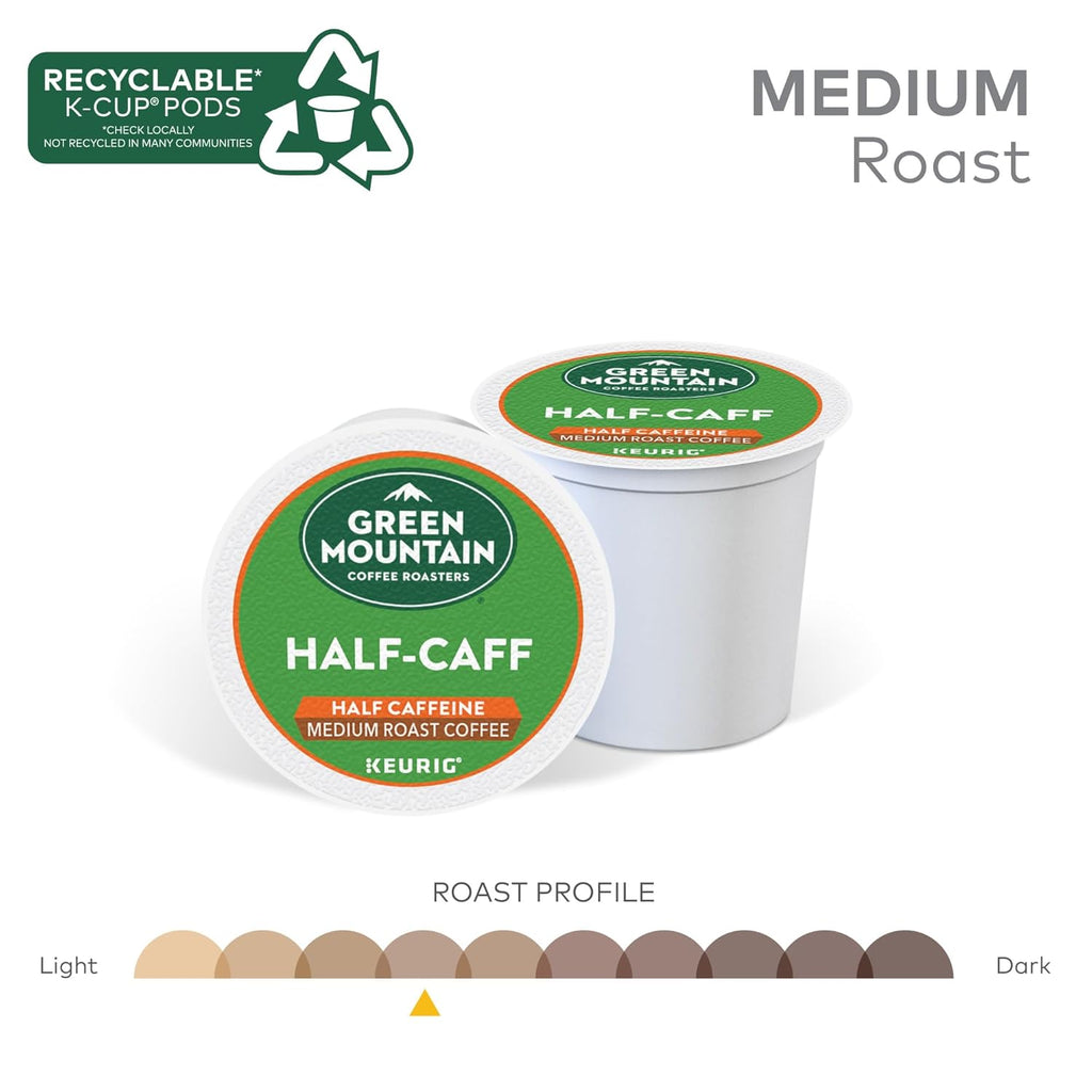 Green Mountain Coffee Roasters Half Caff Keurig Single-Serve K-Cup pods, Medium Roast Coffee, 72 Count