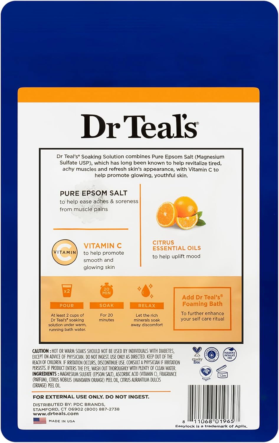 Dr Teal's Pure Epsom Magnesium Salt Soak, Glow & Radiance with Vitamin C & Citrus Essential Oils, 3 lbs