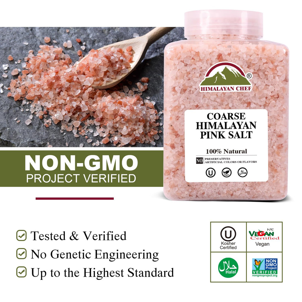 Himalayan Chef Pink Himalayan Salt Coarse Grain, 5 lbs Plastic Jar - Pure, Natural, Kosher, Mineral-Rich, Ideal for Grinder Refills, Cooking, Seasoning