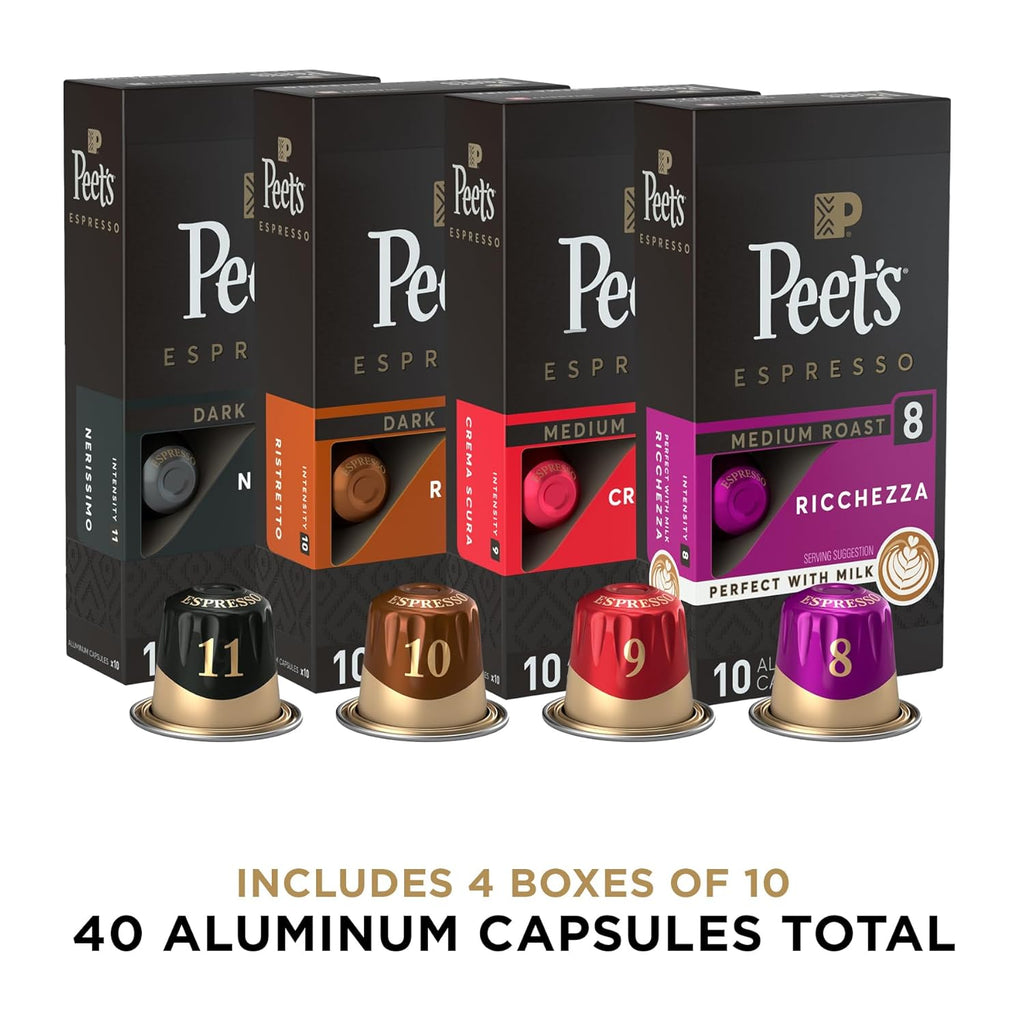 Peet's Coffee, Dark and Medium Roast Espresso Capsules Variety Pack, Compatible with Nespresso Original Machine, 100% Arabica Coffee - Intensity 8-11, 40 Count (4 Boxes of 10 Espresso Capsules)