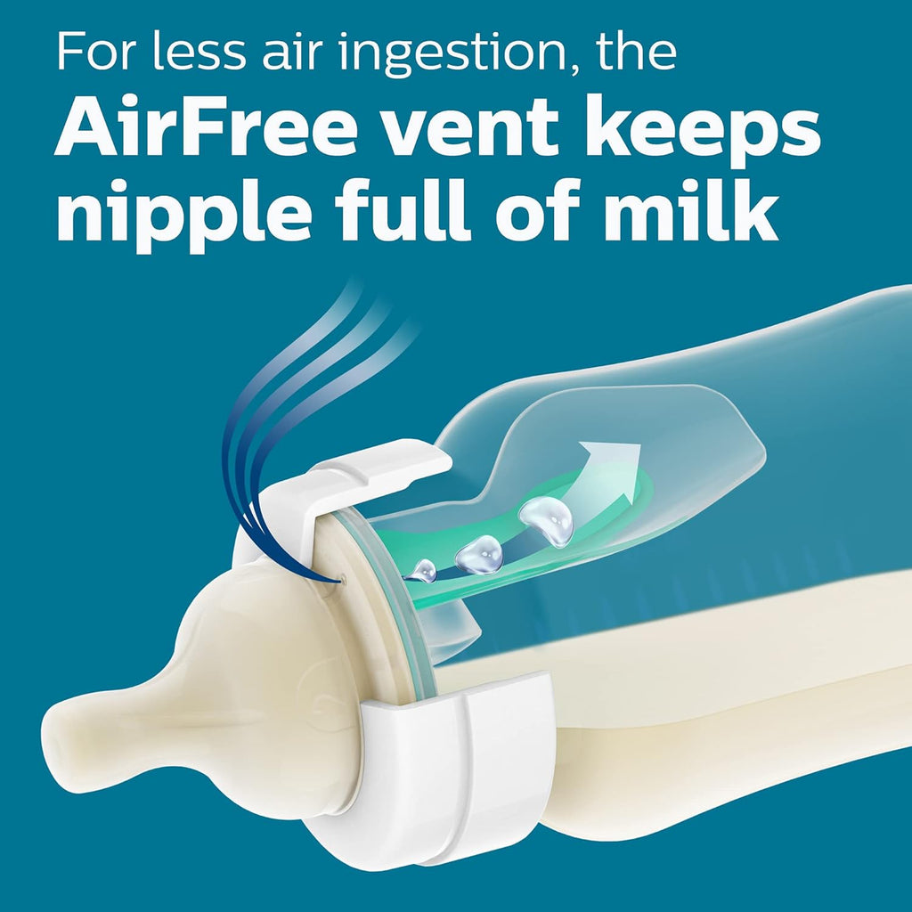 Philips Avent Anti-Colic Baby Bottle with AirFree Vent, 9oz, with Flow 2 Nipples, 1m+, 4pk, Clear, SCY703/04