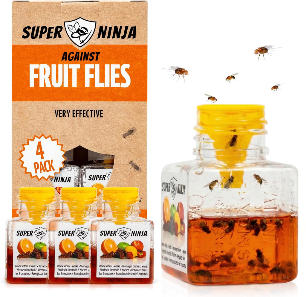 Super Ninja Fruit Fly Traps for Indoors - 4 Pack, Highly Effective Fruit Fly Catcher for Indoor Use for Home & Kitchen, Up to 3 Weeks of Performance per Bottle, Kid & Pet Friendly