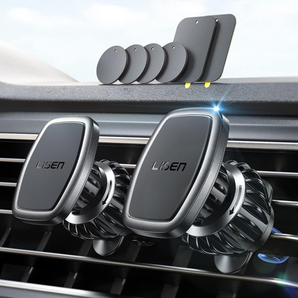 LISEN 2 Pack Magnetic Phone Holder for Your Car Magnet for Phone Car Mount Vent 6 Military Magnets Vent Cell Phone Holder Mount for Car Plate Fit All iPhone 17/16/15/14/13 Pro Max Plus Samsung S25