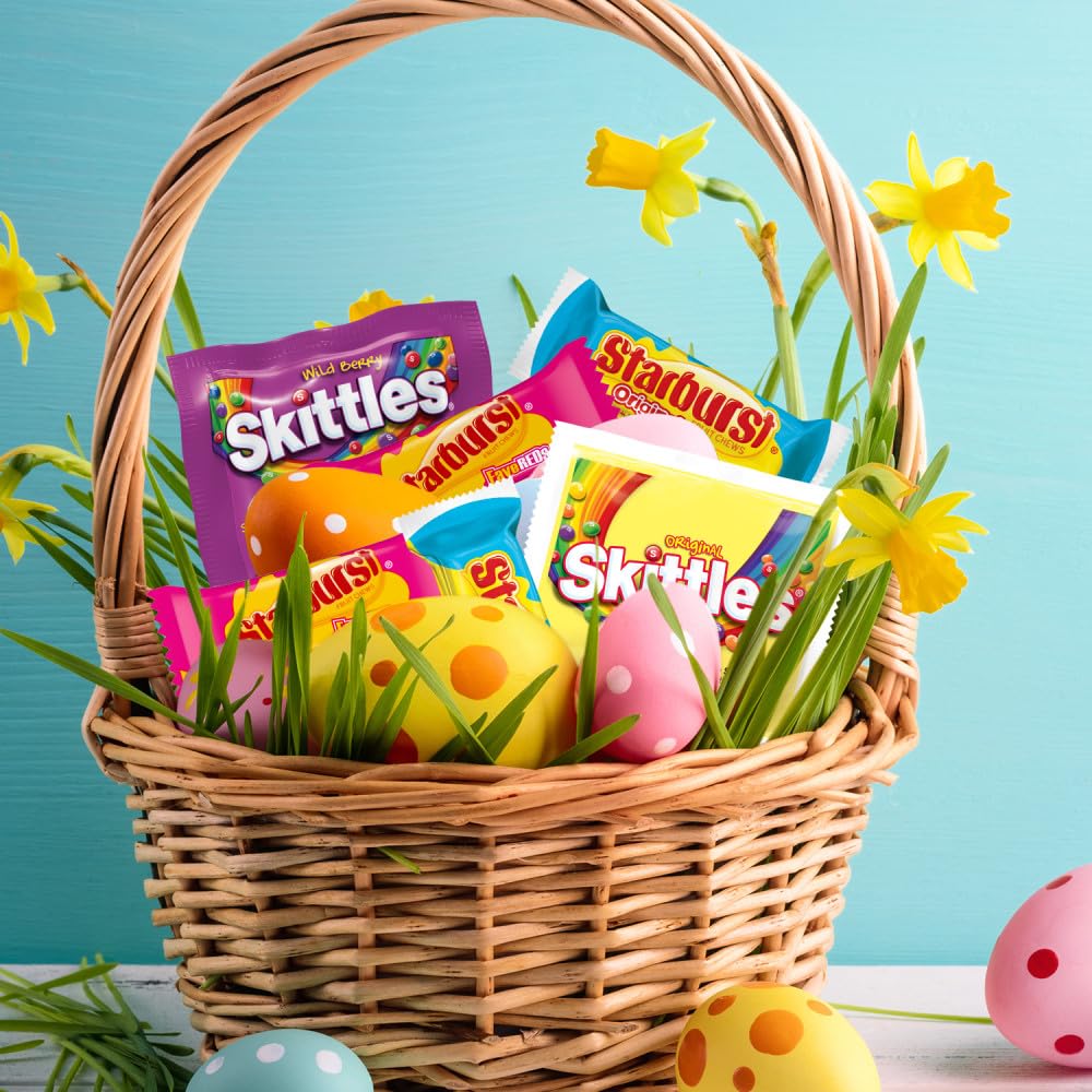 SKITTLES & STARBURST Mixed Funsize Variety Bag Stand Up Pouch, Easter Candy Bulk for Filling Eggs, Easter Basket Stuffers, 32.28 Ounce Bag