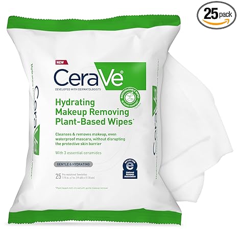 CeraVe Makeup Remover Wipes, Plant Based Face Wipes, Biodegradable in Compost, Waterless Face Wash, Travel Essentials for Women, Suitable for Sensitive Skin, Fragrance-free + Non-comedogenic, 25ct