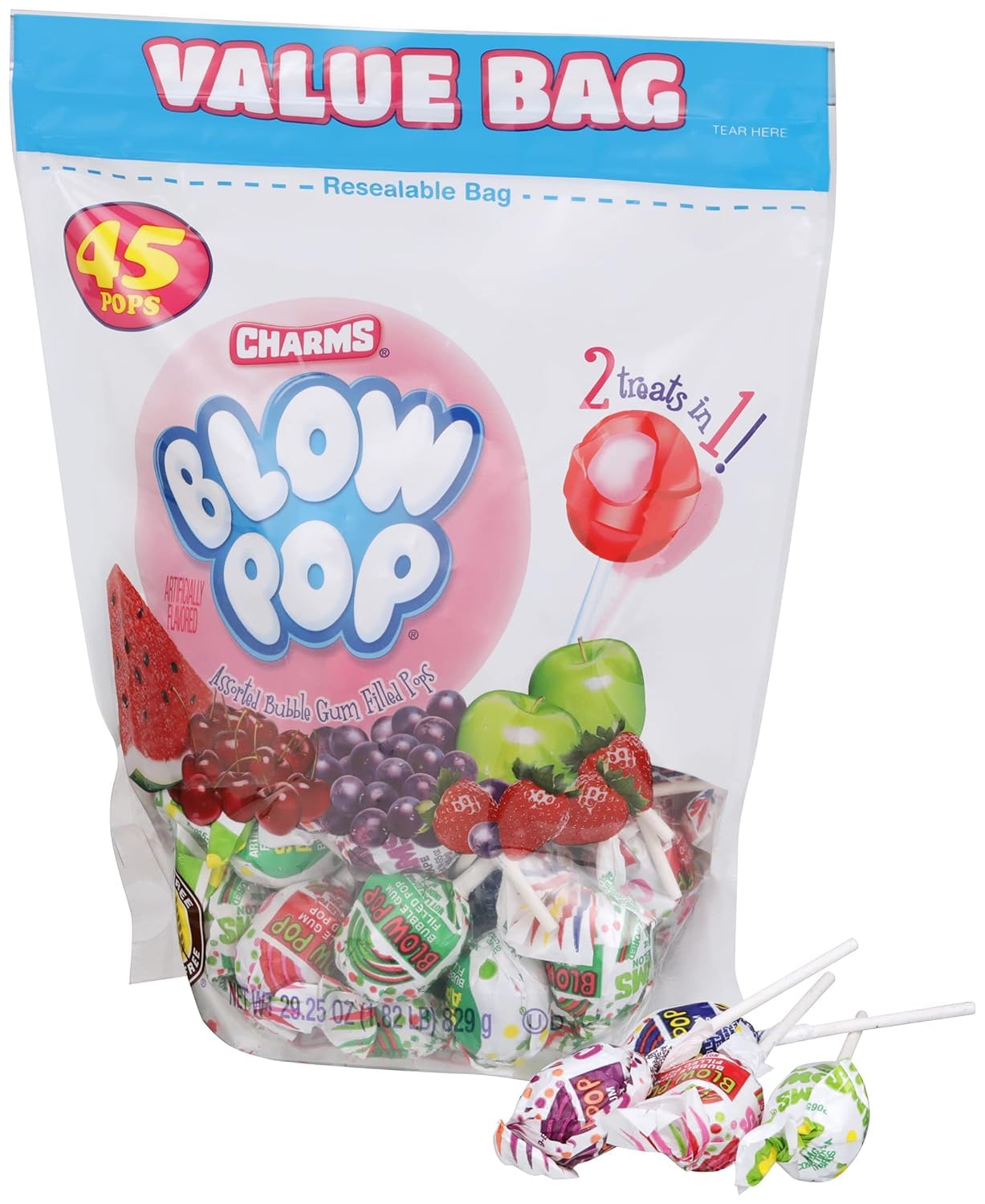Charms Blow Pop Lollipops - Individually Wrapped Dual Candy and Gum Suckers - Peanut Free, Gluten Free - Bulk Treat for Kids and Adults - Assorted Flavors, 45 Count (29.25 oz.)