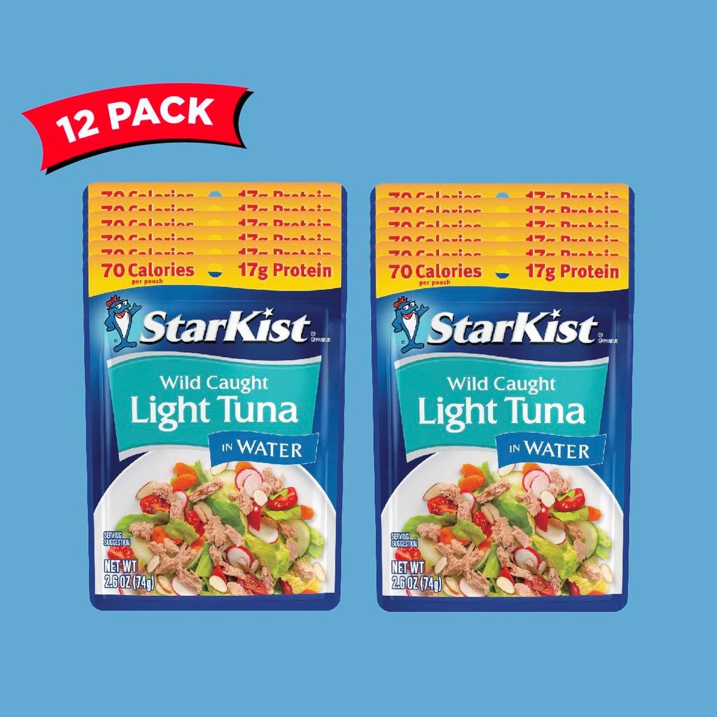 StarKist Chunk Light Tuna in Water, 2.6 oz Pouch (12 Pack) Ready to Eat Wild Caught Tuna, 17g Protein, 70 Calories Per Serving, Gluten Free, Soy Free, Kosher, Perfect for Salads, Keto Meals and Snacks