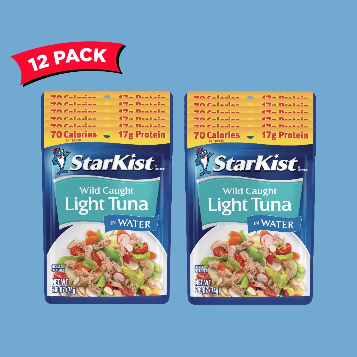 StarKist Chunk Light Tuna in Water, 2.6 oz Pouch (12 Pack) Ready to Eat Wild Caught Tuna, 17g Protein, 70 Calories Per Serving, Gluten Free, Soy Free, Kosher, Perfect for Salads, Keto Meals and Snacks