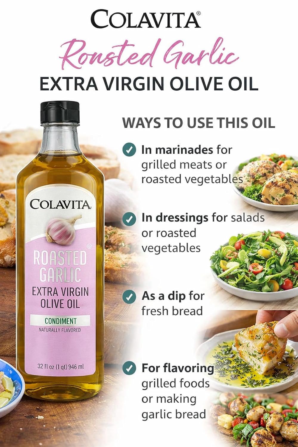 Colavita Roasted Garlic Extra Virgin Olive Oil, 32 Fl Oz – Cold Pressed EVOO Infused with Natural Roasted Garlic Flavor for Cooking, Dressings, Marinades & Dipping