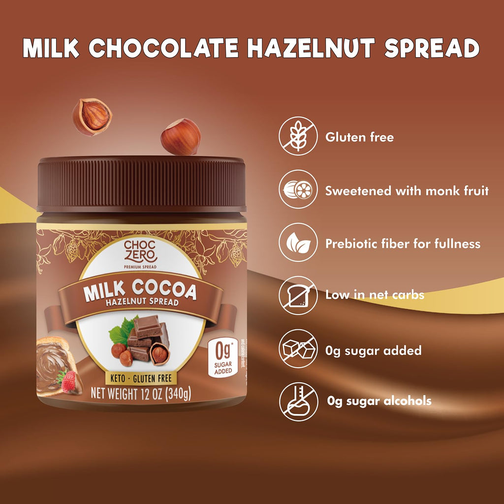 ChocZero Milk Chocolate Hazelnut Spread - No Added Sugar, Keto Friendly Low-Carb Chocolate Hazelnut Dessert & Bread Topping, Gluten Free, High Fiber, 12 oz Jar